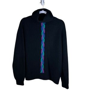 Vintage Black Lambswool Knit Turtleneck Sweater with Vibrant Stripe